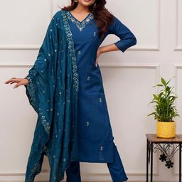 KALINI Floral Embroidered Sequinned Chanderi Silk Straight Kurta With Trouser & Dupatta-15