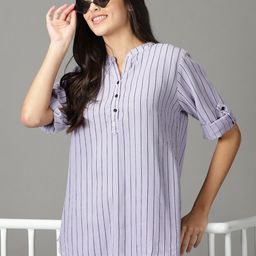 SHOWOFF Striped Mandarin Collar Roll-Up Sleeves Shirt Style Top-image-52