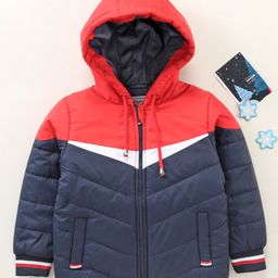 Babyhug Full Sleeves Hooded Padded Jacket Colour Block Pattern - Navy Red-3