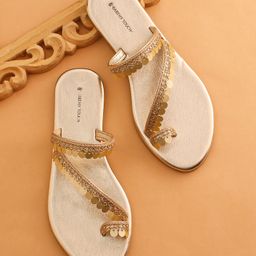 Earthy Touch Premium Ethnic Wear  Chappal Sequined Detailing - Gold-image-59