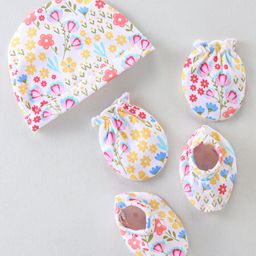 Babyhug 100% Cotton Knit Cap Mittens And Booties Floral Print - White-image-17