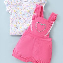 ToffyHouse Corduroy Dungaree with Half Sleeves Inner Tee Floral Print - Pink-1