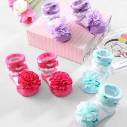 Cute Walk by Babyhug Ankle Length Socks Floral Applique Pack of 3 - Red Purple & Blue-image-83