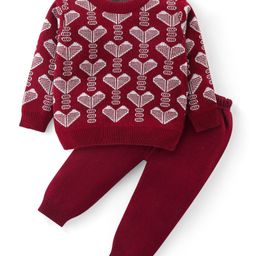 Babyhug Knitted Full Sleeves Pullover Sweater & Pant Set With Hearts Design - Red-image-75