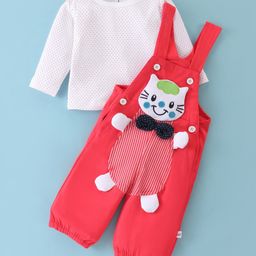 Wow Clothes Cotton Knit Kitty Applique Dungaree with Full Sleeves Polka Dot T-Shirt - Red-image-14