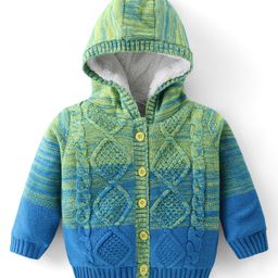 Babyhug Knitted Full Sleeves Hooded Front Open Sweater with Cable Knit Design - Blue & Green-image-70