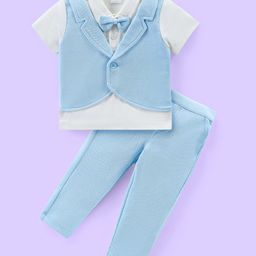 Babyhug Knit Half Sleeves Solid T-Shirt & Trouser with Attached Bow & Waist Coat- Light Blue-image-58