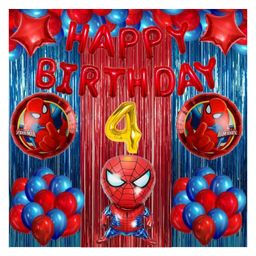 Bubble Trouble No 4 Gold Balloons with Spiderman Theme Birthday Decoration Items or Kit Red Foil Banner (Aluminium)Set of 13 Letters with 30 HD Royal Blue & Red Metallic Balloons birthday celebration-16