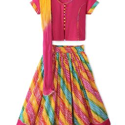Exclusive from Jaipur Cotton Woven Half Sleeves Leheriya Printed Choli Lehenga Set with Dupatta - Dark Pink-image-96