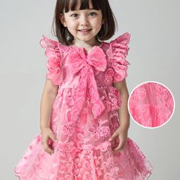 Babyoye Woven Frill Sleeves Floral Embroidered & Bow Applique Tiered  Party Frock - Pink-image-31