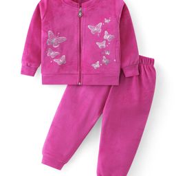 Babyhug Woven Full Sleeves Front Zipper Winter Wear Suit With Butterflies Print - Fuchsia-image-62