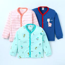 Mini Donuts Interlock Knit Full Sleeves Front Open Vests with Giraffe Print Pack of 3 - Sea Green Blue & Peach-28