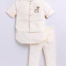 LITTLE COLLARS Full Sleeves Animal Embroidered Printed Kurta Pyjama & Jacket Set - Cream-image-13