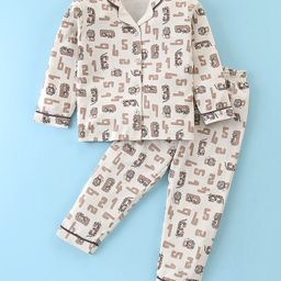 Doreme Interlock Knit Full Sleeves Animals Printed Night Suit - Beige-picture-33