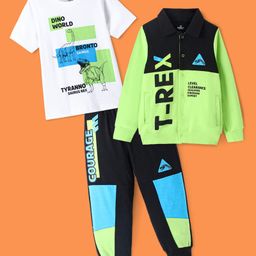 Ollington St. 100% Cotton Knit Full Sleeves Front Open Sweatshirt With T-Shirt & Joggers With T-Rex Dinosaur Print - Neon Green & Black-picture-4