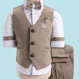 Rikidoos Full Sleeves Specks Printed Shirt With Embellished Waistcoat Pant & Bow Set - Fawn & White-image-116