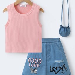 Mark & Mia Sleeveless Top & Denim Skirt with Handbag & Text Print - Blue & Pink-image-96