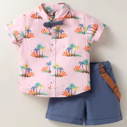 ToffyHouse Poplin Woven Half Sleeves Tree Printed Shirt & Shorts With Bow & Suspender - Light Pink & Blue-picture-0