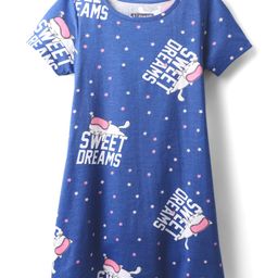 Pine Kids Single Jersey Knit Half Sleeves Nighty with Sweet Dreams Text Print - Navy Blue-picture-4