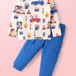 Babyhug Terry Knit Full Sleeves T-Shirt & Joggers Set with Vehicle Print - Blue-image-65