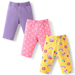 Babyhug Cotton Lycra Knit Three Fourth Length Leggings With Polka Dots & Floral Print Pack Of 3 - Pink & Yellow & Purple-image-93