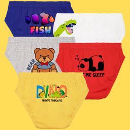 NUSYL Cotton Blend Pack Of 5 Teddy Bear & Typography Printed Briefs - White Red Yellow Grey & Royal Blue-image-93
