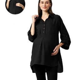 Mom for sure by Ketki Dalal Rayon Woven Three Fourth Sleeves Solid Maternity Top With Front Open Nursing Access - Black-image-65