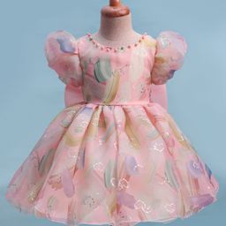 Mark & Mia Half Sleeves Party Dress With Glitter Print & Bow Applique - Pink-image-68