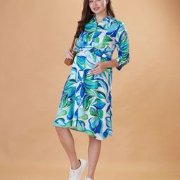 Bella Mama Woven Three Fourth Sleeves Maternity Shirt Dress with Belt & Floral Print - Blue-image-56