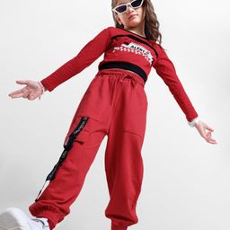 Ollington St. Cotton Lycra Set Of Full Sleeves Co-Ords Top & Knit Joggers - Red-picture-23