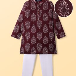 Pine Kids Cotton Woven Full Sleeves Kurta Pajama With Floral Print - Maroon & White-image-41