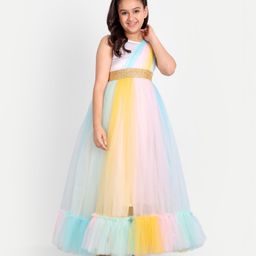 Tilism Net Sleeveless Sequins Embellished Colour Blocked Tiered Gown - Multi Colour-image-11