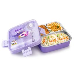 Attro Stainless Steel Lunch Box with 3 Compartment Inner Container & Spoon- Purple-15