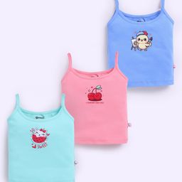 MOONKIDS 100% Cotton Knit Pack Of 3 Sleeveless Cherries & Cat Printed Camisoles - Blue & Pink-image-91
