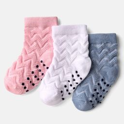 Cute Walk by Babyhug Knit Ankle Length Anti Bacterial Anti Skid Socks with Design Pack of 3 - Pink White & Light Blue-image-2