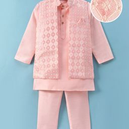 Ridokidz Full Sleeves Solid Kurta & Pyjama With Floral Embroidered Jacket Set - Light Pink-image-41