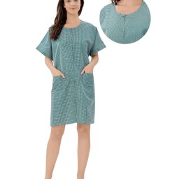 Piu Woven Half Sleeves Checked Hospital Nighty With Nursing Access - Green-picture-15