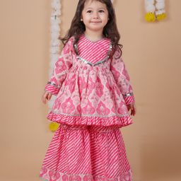 Titrit Viscose Woven Full Sleeves Floral Printed Gota Lace Embellished Kurta & Coordinating Sharara Set - Pink-image-12