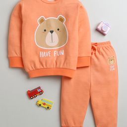 BUMZEE Cotton Knit Full Sleeves Bear Face Printed Sweatshirt & Jogger Set - Orange-image-85