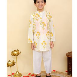 AJ Dezines Cotton Woven Full Sleeves Floral Printed & Striped Kurta Pyjama Set - Mustard-image-58