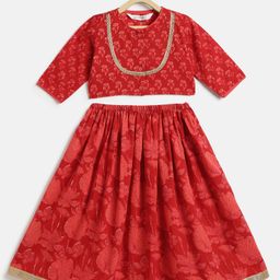 Campana 100% Cotton Woven Three Fourth Sleeves Floral Printed & Gota Lace Embellished Lehenga Choli Set - Red-picture-1