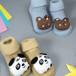 Yellow Bee Cotton Knit Set Of 2 Striped & Baby Animals Applique Detailed Socks - Multi Colour-picture-33
