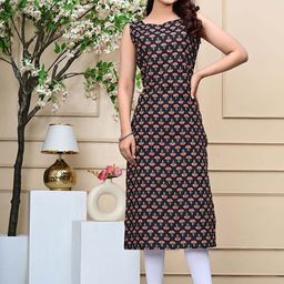 RI AND SU Floral Printed Kantha Work Sleeveless Cotton Straight Kurta-image-70