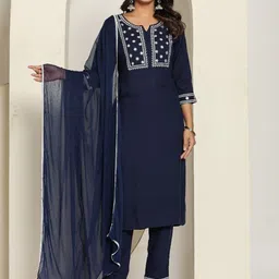 FLAMBOYANT Floral Yoke Design Mirror Work Straight Kurta With Trousers & Dupatta-20
