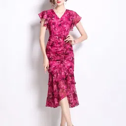 JC Collection Womens Floral Print Flutter Sleeve A-Line Midi Dress-picture-15