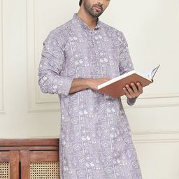 Anouk Purple Floral Embroidered Mandarin Collar Sequinned Silk Straight Kurta-image-83