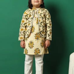 READIPRINT FASHIONS Kids Beige & White Floral Print Full Sleeves Jacket Style Kurta with Pyjamas-image-78