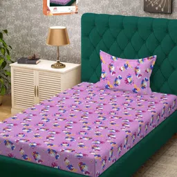Myntra Elegant Homes Purple & White Cartoon Characters 400 TC Single Bedsheet with 1 Pillow Covers-image-86