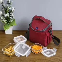 Femora Transparent & Red Glass BPA-Free Lunch Box with Bag(0.62 L & 0.3 L) - Set of 3 image 1