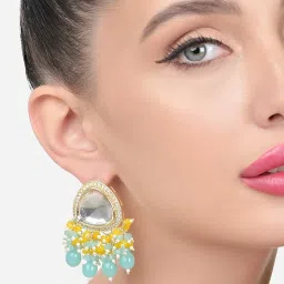 Zaveri Pearls Turquoise & Yellow Cluster Beads Embellished Kundan Drop Earrings-ZPFK15638 image 2